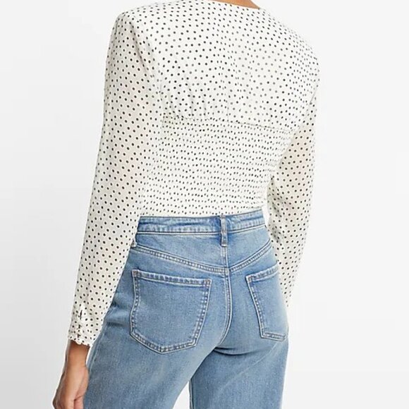 Express Polka Dot Blouse M V-Neck Long Sleeve Ruched Front Top $68 - Picture 2 of 9